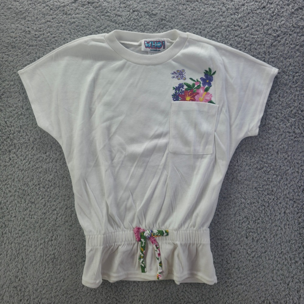 Vintage WHO! Clothing Co Kids White Floral Embroidered Cinched Waist Top Size 6X